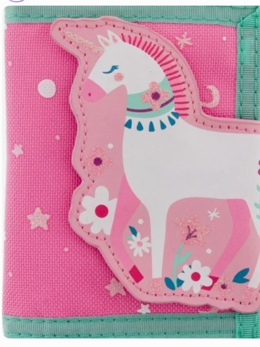 Kids Pink Unicorn Wallet with Mint Trim and Playful Applique